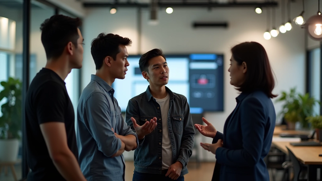 Team collaboration in design studio with designers reviewing Figma prototypes on large display and discussing feedback