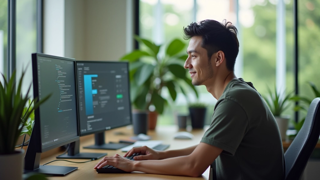 Designer working at desk with Figma open on multiple monitors, showing collaborative editing interface with team member avatars and comments