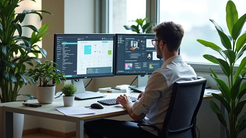 Designer working on Figma interface with multiple artboards and component library visible on dual monitors
