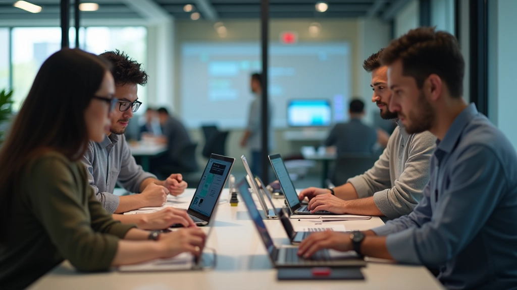 Team members collaborating around a design system in Figma, multiple screens showing component libraries and design tokens, modern workspace with laptops and notebooks